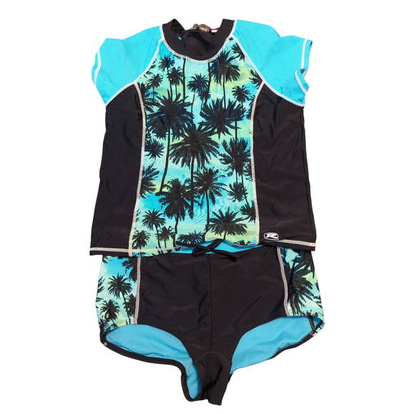 Rway Swimming Other - RWAY SWIMMING Black Teal Tropical 2 Piece Rash Guard Boy Shorts Girls 16 1/2 XXL